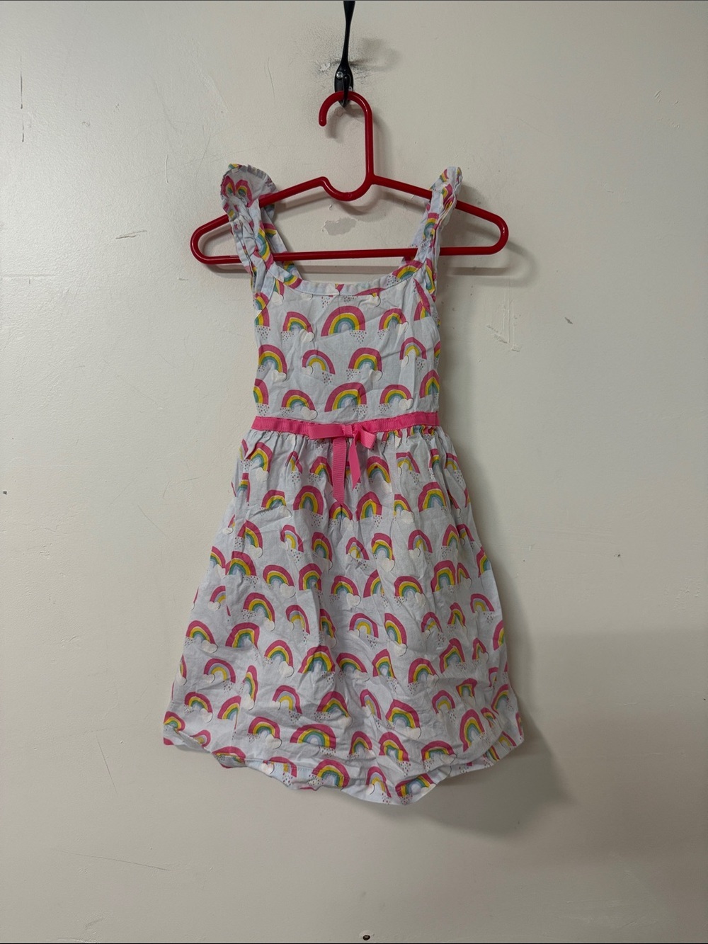 Blueberi Boulevard White Rainbow Dress with Pink Waist Tie